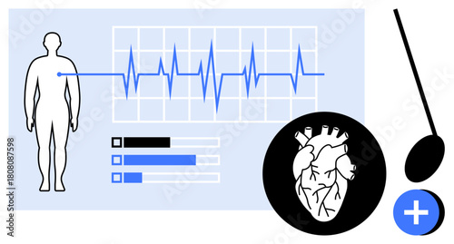 Health monitoring concept. Heartbeat graph, human silhouette, and heart diagram demonstrating medical data tracking and healthcare technology. For telemedicine, diagnostics, cardiology, health apps