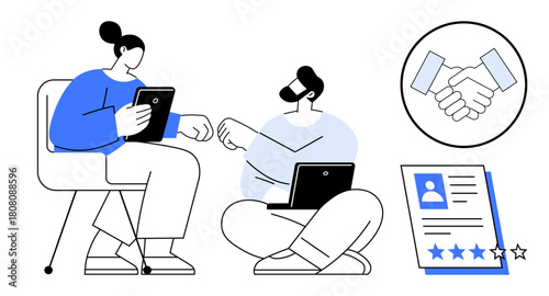 Collaborative duo reviewing resumes on laptops, handshake for partnership, file with star rating. Ideal for recruitment, teamwork, analysis, career, collaboration, decision-making simple flat