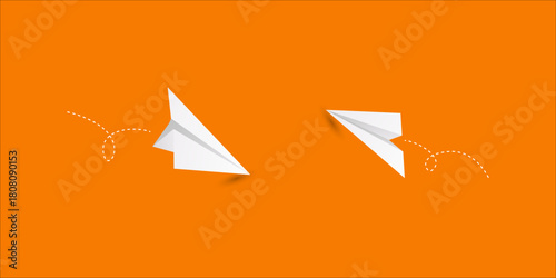 Paper plane with dotted line travel route symbol in minimal line style, origami paper airplane concept representing freedom, creativity, travel, and startup business ideas.