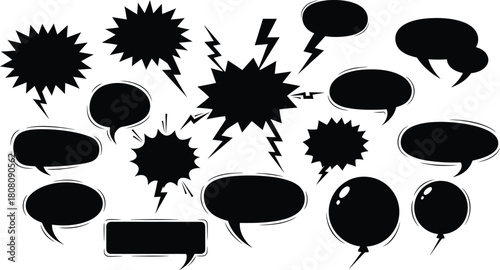 Diverse collection of black speech, explosion, and thought bubbles with lightning bolts, isolated on white background