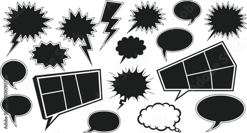 Diverse set of distressed grunge speech, thought, and starburst bubbles with lightning, isolated on white background