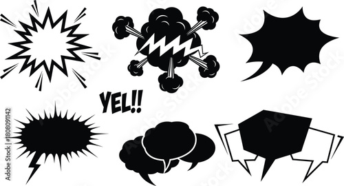 Comic book style speech bubbles, explosion effects, and sound effect text isolated on white background