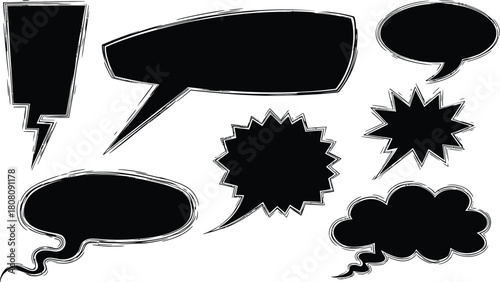 Set of black grunge style speech bubbles and explosion shapes with rough edges isolated on white background