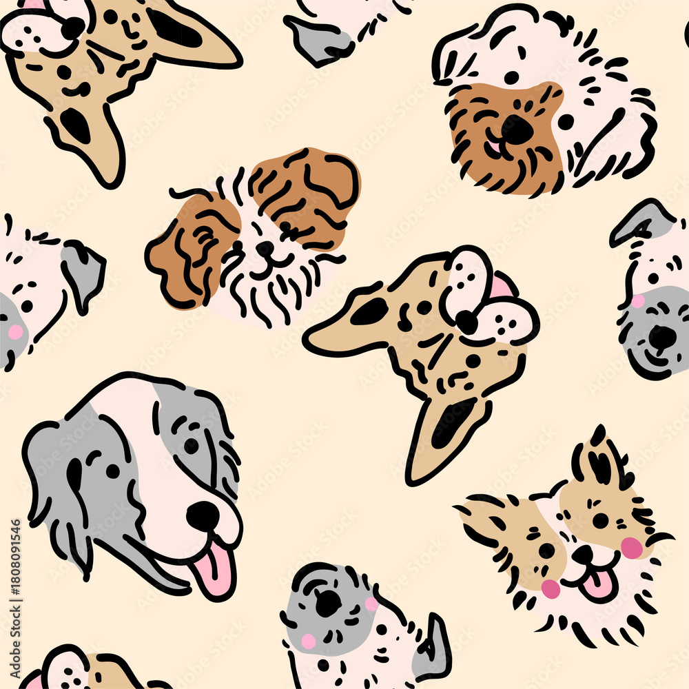 Obraz premium Cute Dog Faces Seamless Pattern on Beige Background, Hand Drawn Puppy Illustration