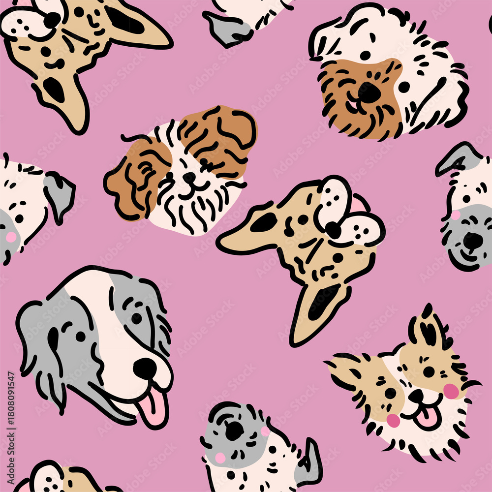Fototapeta premium Cute Dog Faces Seamless Pattern on Pink Background, Hand Drawn Puppy Illustration