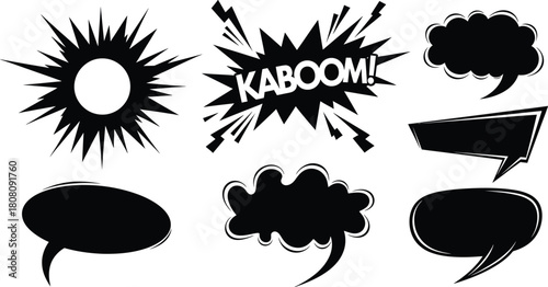 Black comic speech bubbles, explosion effects, and kaboom text isolated on white background
