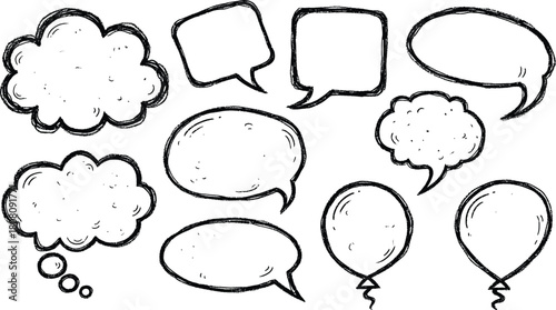 Handdrawn chalk outline speech and thought bubbles with balloon shapes isolated on white background