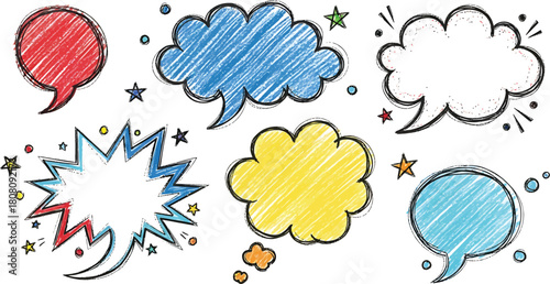 Colorful hand drawn crayon style speech and explosion bubbles, communication elements