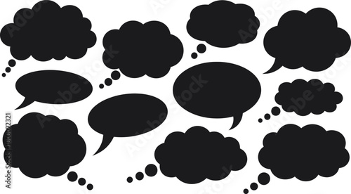 Set of black thought and speech bubbles with dotted tails in various shapes, isolated on white background