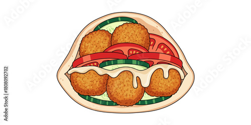 Illustration of Vegetarian Falafel Wrap with Fresh Vegetables and White Sauce in Pita Bread