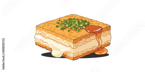 Illustration of Creative Layered Instant Noodle Dish with Sauce and Chopped Green Onions