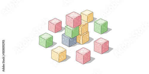 Illustration of Colorful Sugar Cubes with Granular Texture in Random Arrangement