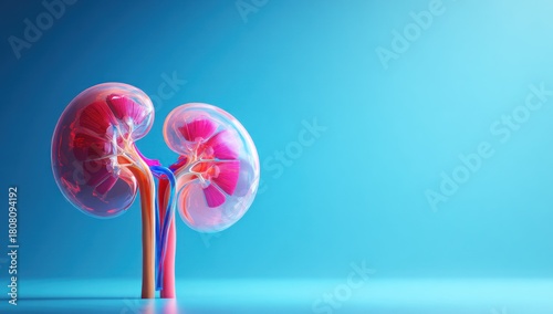 A detailed 3D rendering showcases the human kidneys, highlighting their intricate structure and vascular system against a vibrant blue gradient, suitable for medical or educational purposes.
