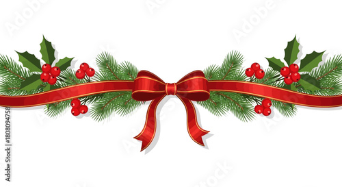 Elegant holiday garland featuring a vibrant red satin bow, lush green pine needles, and classic bright holly berries for festive cheer