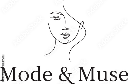  Elegant and minimalist one-line drawing logo featuring a woman's face, suitable for fashion, beauty, or creative brands, accompanied by the text Mode & Muse.