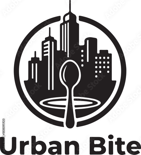 Urban Bite Logo featuring a Modern City Skyline and Spoon Icon, symbolizing metropolitan dining and food service businesses, restaurant, or eatery concepts