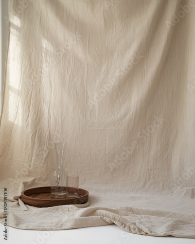 Minimalist beige draped backdrop with tray and glasses for product photography or lifestyle shoots