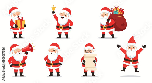 Collection of Santa Claus characters in festive poses holding gifts ringing bells and carrying a sack of presents