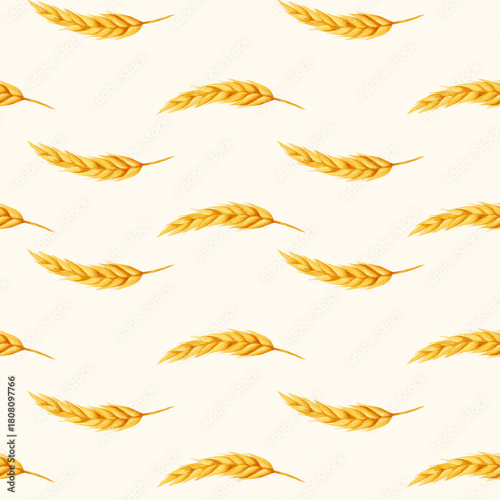 Fototapeta premium Watercolor seamless pattern with golden wheat and rye ears arranged diagonally on a light background, suitable for packaging, fabric, wrapping and agricultural themes