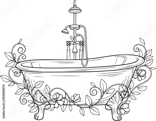 Antique clawfoot bathtub and shower fixture with botanical elements
