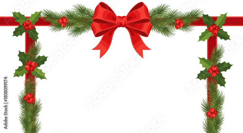 Festive Christmas Greenery and Red Bow Garland for Holiday Decor