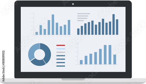 Laptop screen displaying business charts and graphs for data analysis