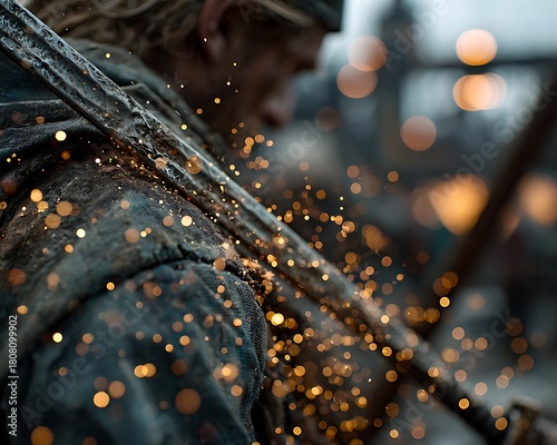 Powerful warrior sharpening sword in battle with sparks flying, dramatic ancient scene, strong character, historical authenticity, fantasy, dark ages background