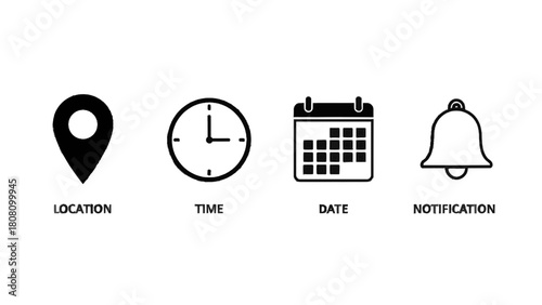 Vector illustration of modern interface icon set location, time, date, and notification for digital design on transparent background