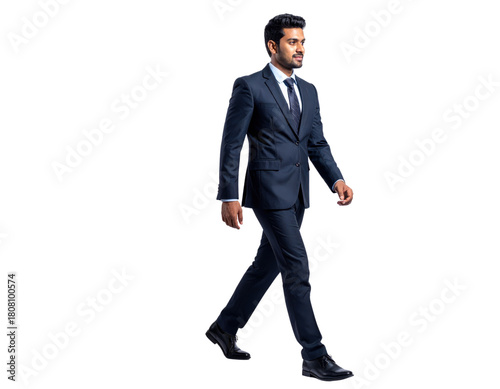 Confident young businessman in a dark suit walking forward with determination.