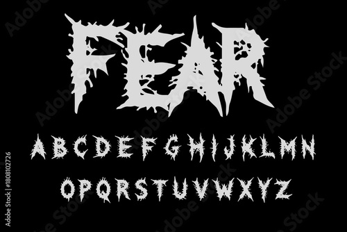 Vector font features sharp, spiky, and edgy letterforms in a hand-drawn outline style with high contrast, set on a black background. Bold, rebellious and metal-inspired Y2K aesthetic.