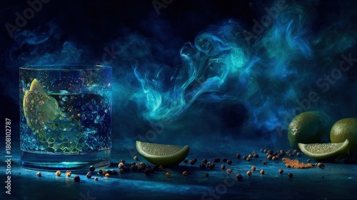Fototapeta Naklejka Na Ścianę i Meble -  Chilled beverage with citrus slices and spices set against dramatic blue ethereal background mist