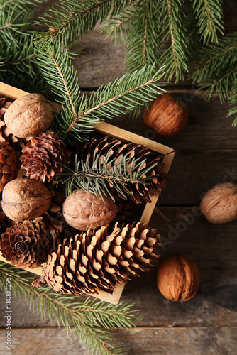 Box with pine cones, walnut...