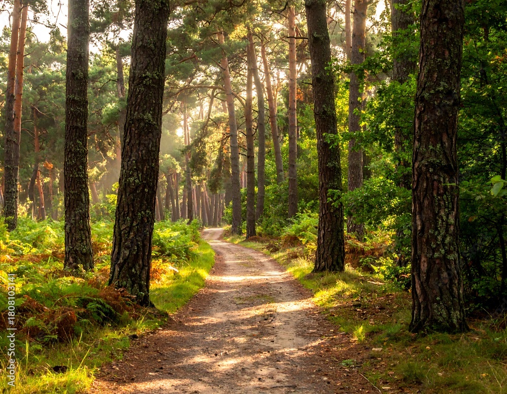 Obraz premium Sunlight streams through a forest pathway, nature's gentle beauty