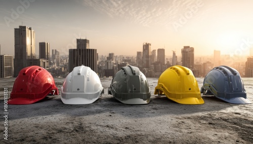 Hard hats sitting in a row on a rooftop overlooking a city skyline at sunset, symbolizing safety and teamwork in construction.