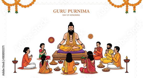 A spiritual teacher or guru in a meditative pose with disciples gathered around for worship and teachings on a sacred day