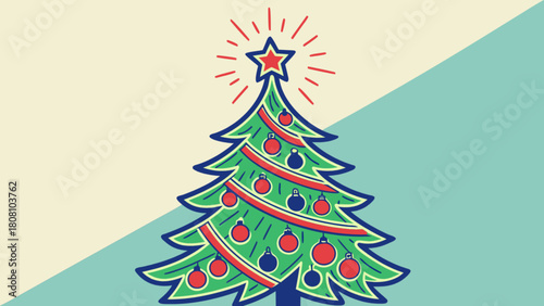 Illustration of a christmas tree decorated with ornaments and a star on a divided background