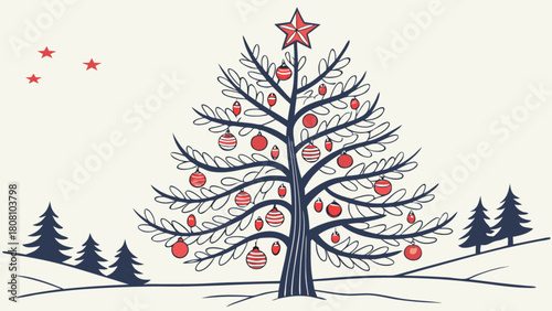 Decorated christmas tree with red ornaments and star topper in a snowy winter landscape scene design