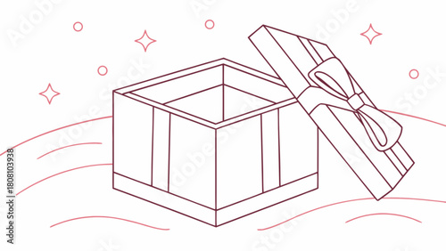 Outlined open gift box with a bow on the lid and decorative stars in the background design element