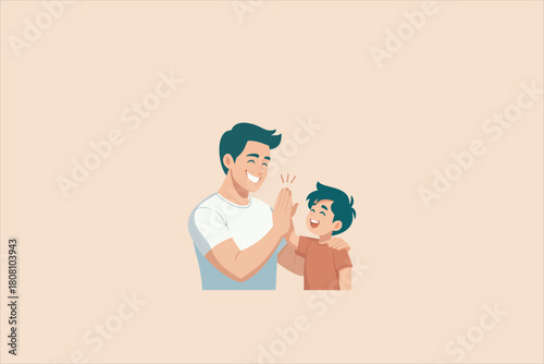 Smiling father and son giving each other a high-five, showing a warm family bond and positive parenting moment in a clean, modern illustration style.