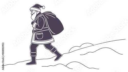 Illustration of santa claus walking with a sack over his shoulder on a snowy landscape design art