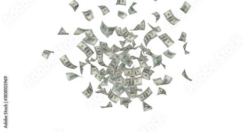 Fotografie A multitude of us dollar bills falling and floating on a black background in a c
