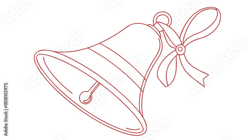 Illustration of a christmas bell with a bow and clapper in red outline on white background isolated