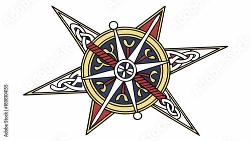 Detailed compass rose with celtic knot accents and a star shape design element in vibrant colors