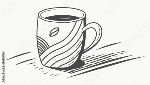 Stylized coffee cup illustration with a leaf design and shadow cast on a light surface