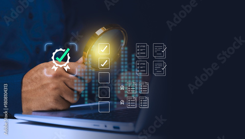 Businessman mark off items on digital checklist, Quality Assurance and Document Control Icons, representing quality assurance and document control processes, verification and compliance