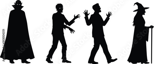 Halloween monster silhouette collection featuring vampire, zombie, Frankenstein and witch characters, spooky holiday vector illustration, perfect for horror themed designs, 