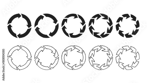 Vector illustration of collection of circular arrow icons for refresh, reload, recycle, and loop concepts, isolated on transparent background 