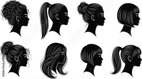 Set of female head silhouettes with stylish hairstyles, featuring buns, ponytails, and bobs, black vector icons for beauty salon and hairdresser branding.