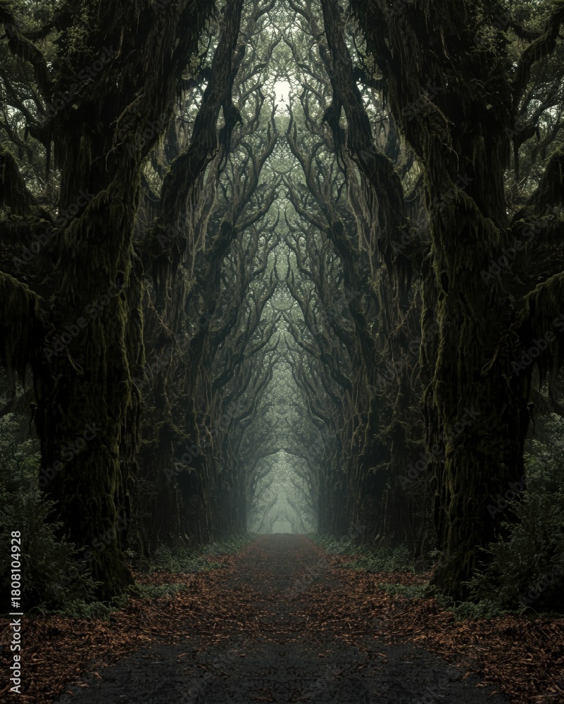 Fototapeta premium Mysterious path through a dark, symmetrical forest with atmospheric fog and looming trees