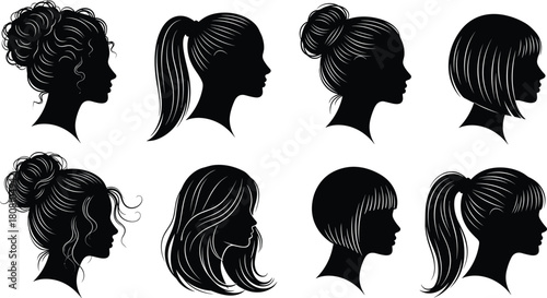 Silhouette set of female heads with stylish haircuts, featuring buns, ponytails, and bobs, black vector icons for beauty and salon branding.